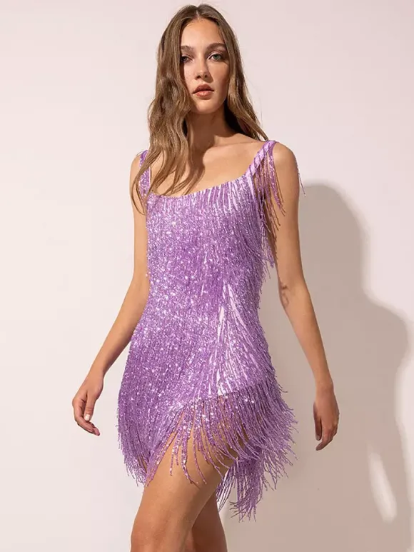 Robe de soirée violette à bretelles gaine sexy