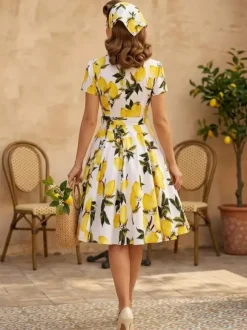 Robe de thé imprimée vintage pour femme - Robe midi trapèze à manches courtes et ceinture style rockabilly années 1950 - Idéale pour un pique-nique de vacances 2026