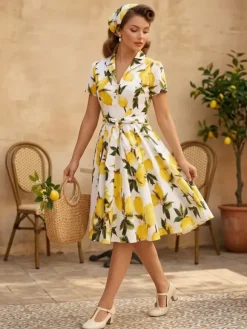 Robe de thé imprimée vintage pour femme - Robe midi trapèze à manches courtes et ceinture style rockabilly années 1950 - Idéale pour un pique-nique de vacances 2026