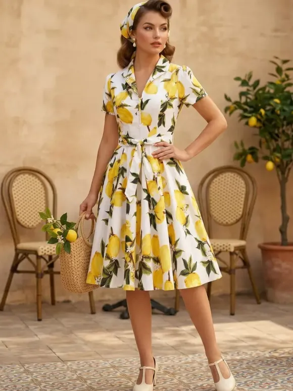 Robe de thé imprimée vintage pour femme - Robe midi trapèze à manches courtes et ceinture style rockabilly années 1950 - Idéale pour un pique-nique de vacances 2026