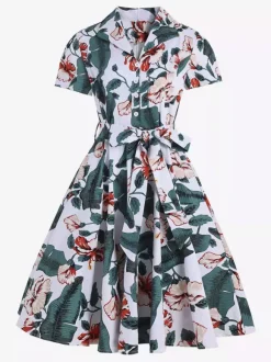 Robe de thé imprimée vintage pour femme - Robe midi trapèze à manches courtes et ceinture style rockabilly années 1950 - Idéale pour un pique-nique de vacances 2026