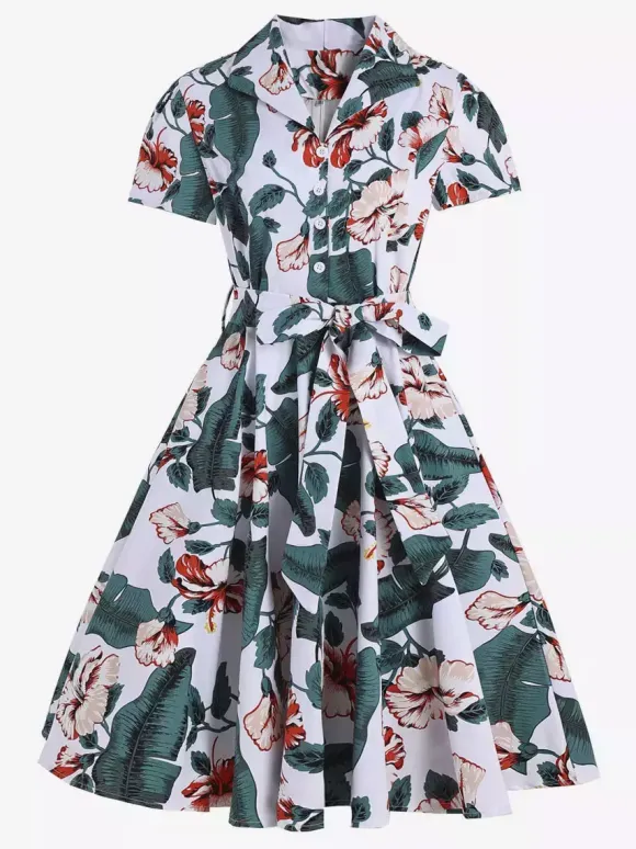 Robe de thé imprimée vintage pour femme - Robe midi trapèze à manches courtes et ceinture style rockabilly années 1950 - Idéale pour un pique-nique de vacances 2026