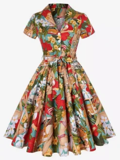 Robe de thé imprimée vintage pour femme - Robe midi trapèze à manches courtes et ceinture style rockabilly années 1950 - Idéale pour un pique-nique de vacances 2026