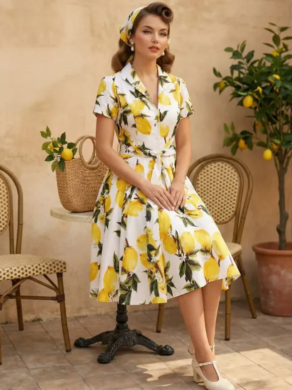Robe de thé imprimée vintage pour femme - Robe midi trapèze à manches courtes et ceinture style rockabilly années 1950 - Idéale pour un pique-nique de vacances 2026