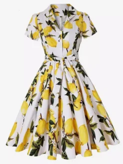 Robe de thé imprimée vintage pour femme - Robe midi trapèze à manches courtes et ceinture style rockabilly années 1950 - Idéale pour un pique-nique de vacances 2026