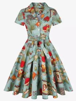 Robe de thé imprimée vintage pour femme - Robe midi trapèze à manches courtes et ceinture style rockabilly années 1950 - Idéale pour un pique-nique de vacances 2026