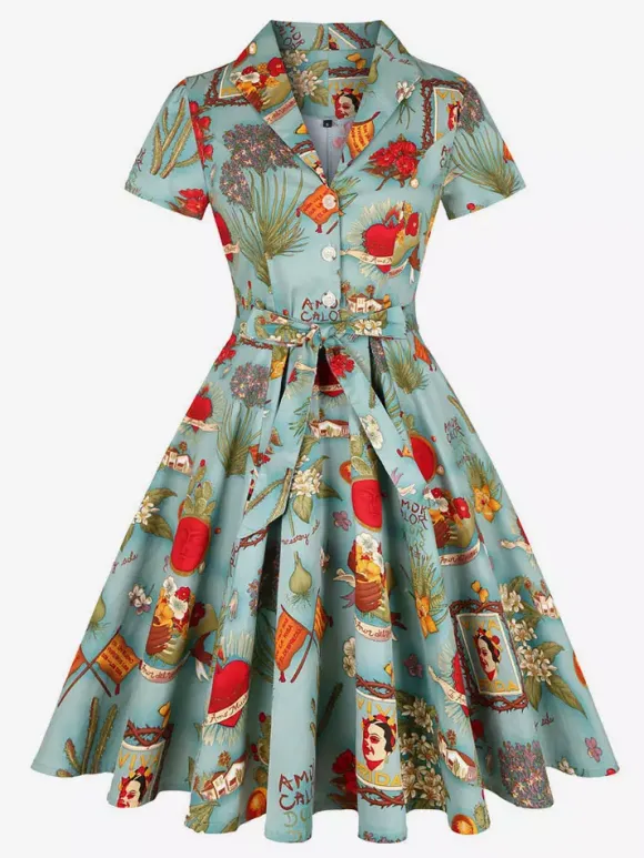 Robe de thé imprimée vintage pour femme - Robe midi trapèze à manches courtes et ceinture style rockabilly années 1950 - Idéale pour un pique-nique de vacances 2026