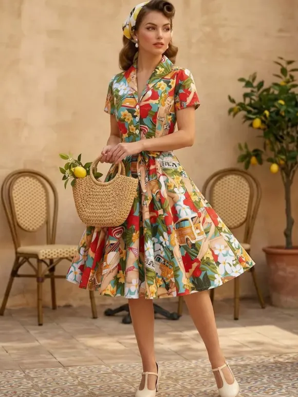 Robe de thé imprimée vintage pour femme - Robe midi trapèze à manches courtes et ceinture style rockabilly années 1950 - Idéale pour un pique-nique de vacances 2026