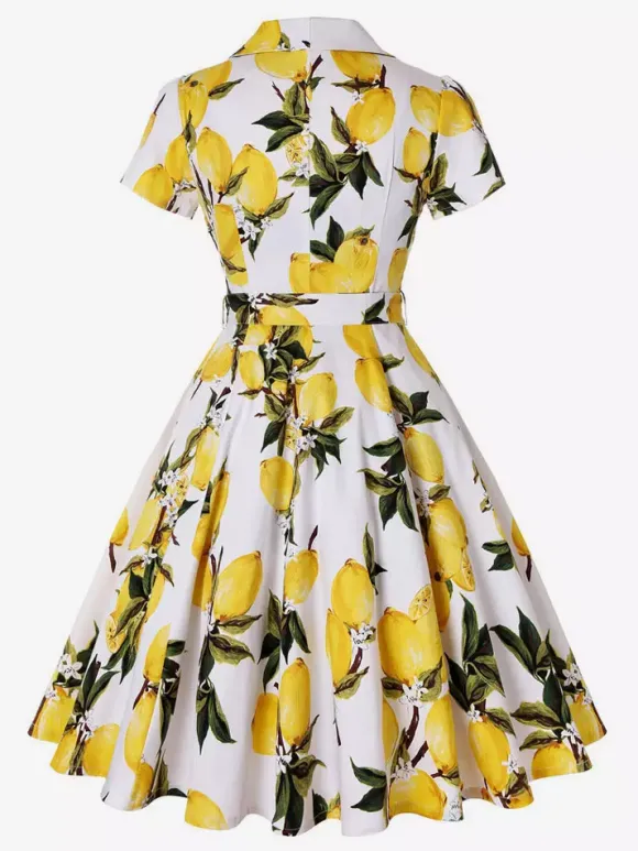 Robe de thé imprimée vintage pour femme - Robe midi trapèze à manches courtes et ceinture style rockabilly années 1950 - Idéale pour un pique-nique de vacances 2026
