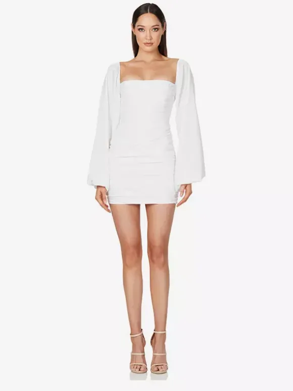 Robe de tous les jours Mini verte plissée à manches longues col carré satin brillant épaules dénudées froncée coupe ajustée robe de soirée