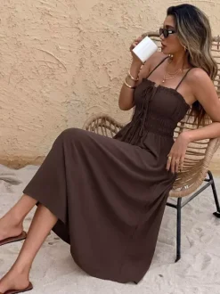 Robe de vacances débardeur à volants col carré taille élastiquée à nouer robe midi décontractée et ample