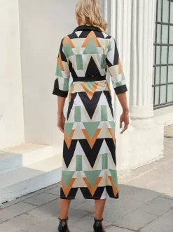 Robe de vacances imprimée géométrique robe midi col en V manches 3/4 cache-c艙ur robe longue taille haute