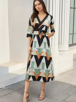 Robe de vacances imprimée géométrique robe midi col en V manches 3/4 cache-c艙ur robe longue taille haute