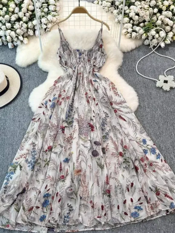 Robe de vacances maxi dos nu à fleurs bretelles fines sans manches imprimé floral col chic couleur abricot