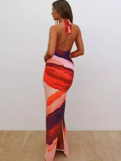 Robe de vacances maxi dos nu sans manches à lacets et col en U robe orange chic