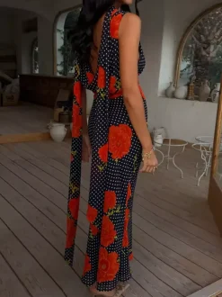 Robe de vacances maxi dos nu sans manches à imprimé floral et col bénitier marron chic