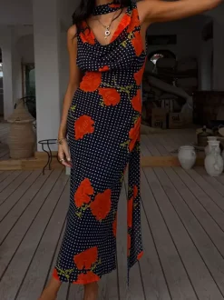 Robe de vacances maxi dos nu sans manches à imprimé floral et col bénitier marron chic