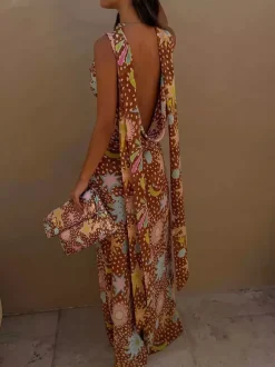 Robe de vacances maxi dos nu sans manches à imprimé floral et col bénitier marron chic