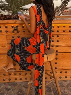 Robe de vacances maxi dos nu sans manches à imprimé floral et col bénitier marron chic