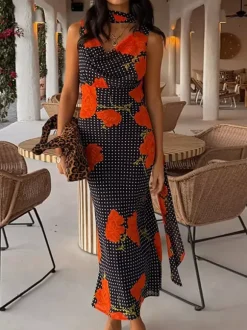 Robe de vacances maxi dos nu sans manches à imprimé floral et col bénitier marron chic