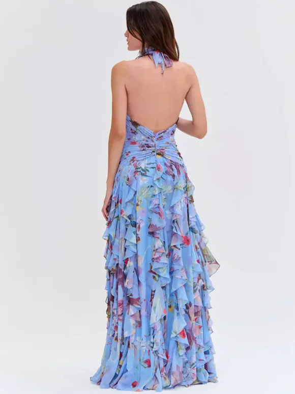 Robe de vacances maxi dos nu lacé plissée sans manches à imprimé floral col V gris clair