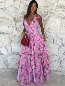 Robe de vacances maxi dos nu lacé plissée sans manches à imprimé floral col V gris clair
