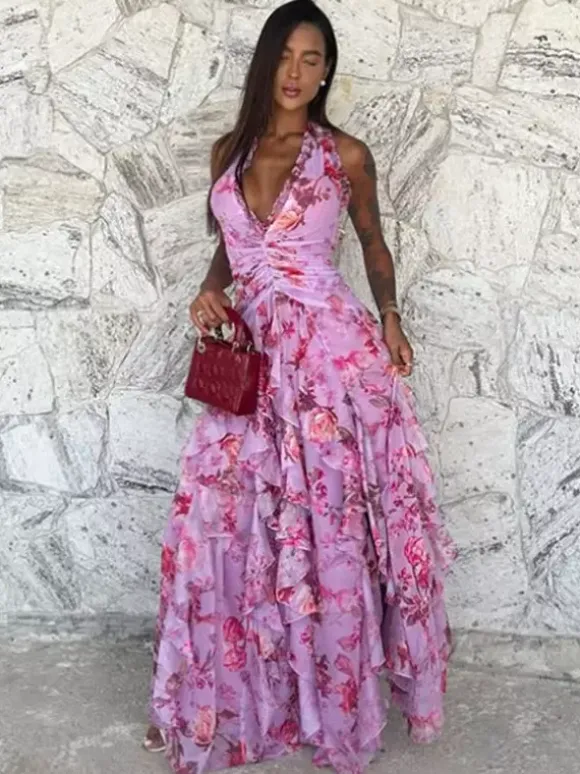 Robe de vacances maxi dos nu lacé plissée sans manches à imprimé floral col V gris clair
