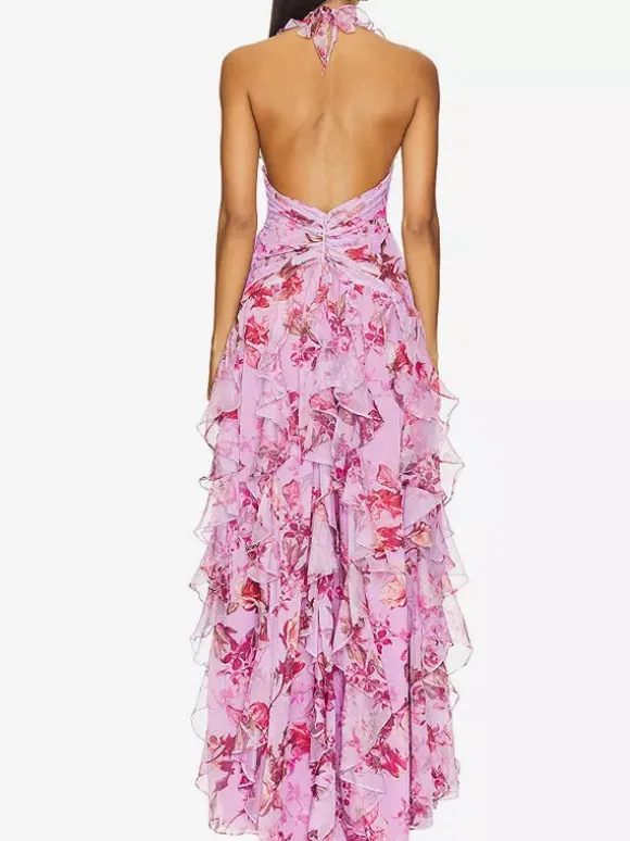 Robe de vacances maxi dos nu lacé plissée sans manches à imprimé floral col V gris clair