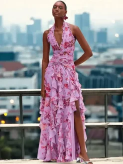Robe de vacances maxi dos nu lacé plissée sans manches à imprimé floral col V gris clair