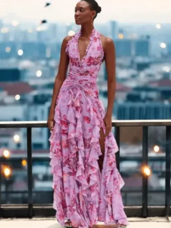 Robe de vacances maxi dos nu lacé plissée sans manches à imprimé floral col V gris clair