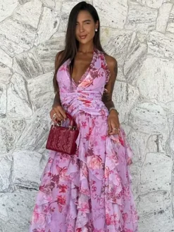 Robe de vacances maxi dos nu lacé plissée sans manches à imprimé floral col V gris clair