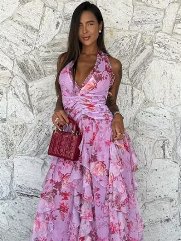 Robe de vacances maxi dos nu lacé plissée sans manches à imprimé floral col V gris clair
