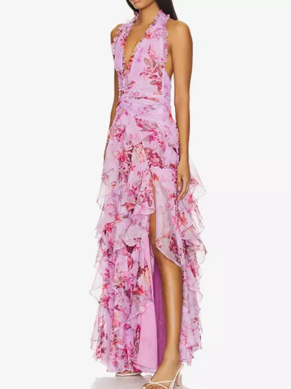 Robe de vacances maxi dos nu lacé plissée sans manches à imprimé floral col V gris clair