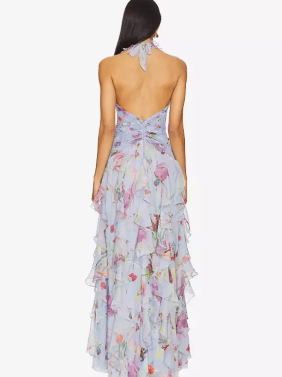 Robe de vacances maxi dos nu lacé plissée sans manches à imprimé floral col V gris clair