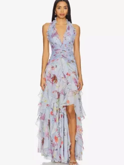 Robe de vacances maxi dos nu lacé plissée sans manches à imprimé floral col V gris clair