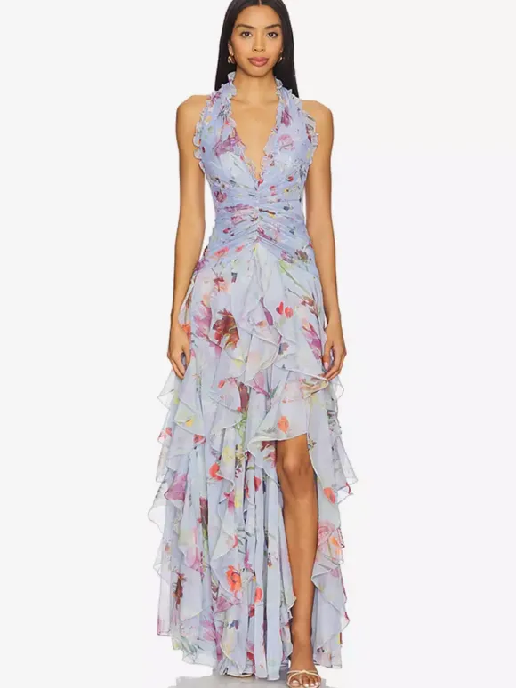 Robe de vacances maxi dos nu lacé plissée sans manches à imprimé floral col V gris clair