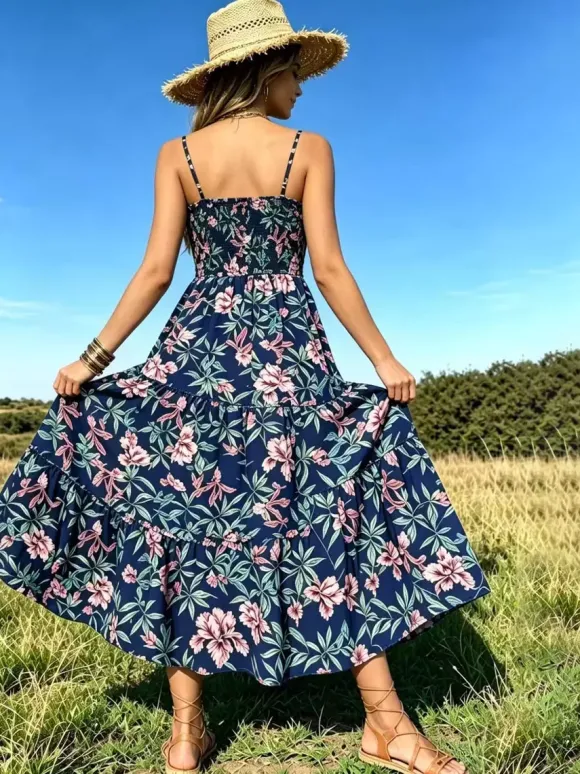 Robe de vacances maxi dos nu plissée sans manches bretelles col chic bleu ciel