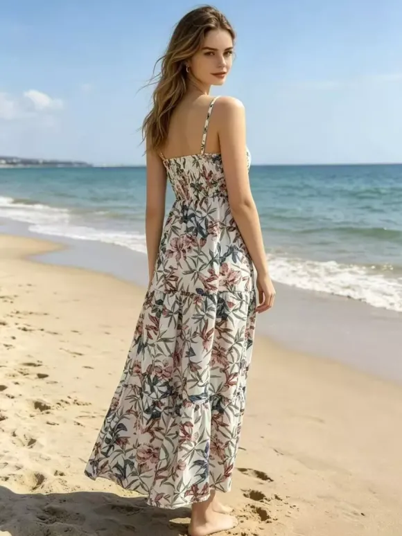 Robe de vacances maxi dos nu plissée sans manches bretelles col chic bleu ciel