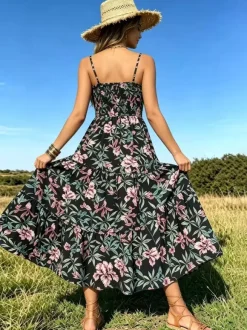 Robe de vacances maxi dos nu plissée sans manches bretelles col chic bleu ciel