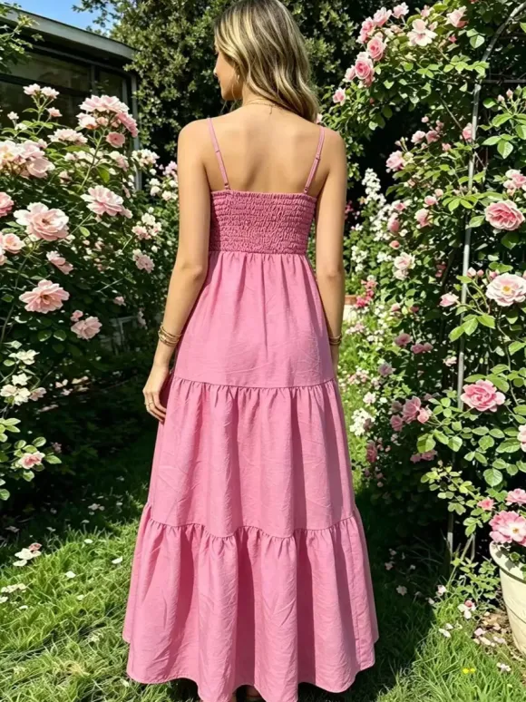 Robe de vacances maxi dos nu plissée sans manches bretelles col chic bleu ciel