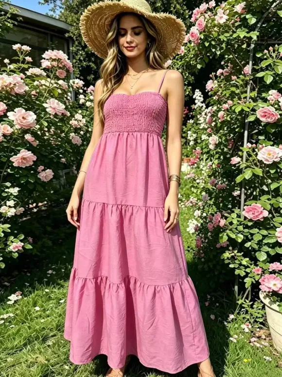 Robe de vacances maxi dos nu plissée sans manches bretelles col chic bleu ciel