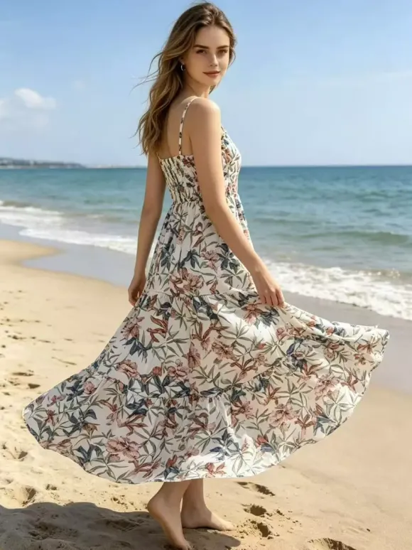 Robe de vacances maxi dos nu plissée sans manches bretelles col chic bleu ciel