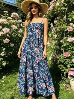 Robe de vacances maxi dos nu plissée sans manches bretelles col chic bleu ciel