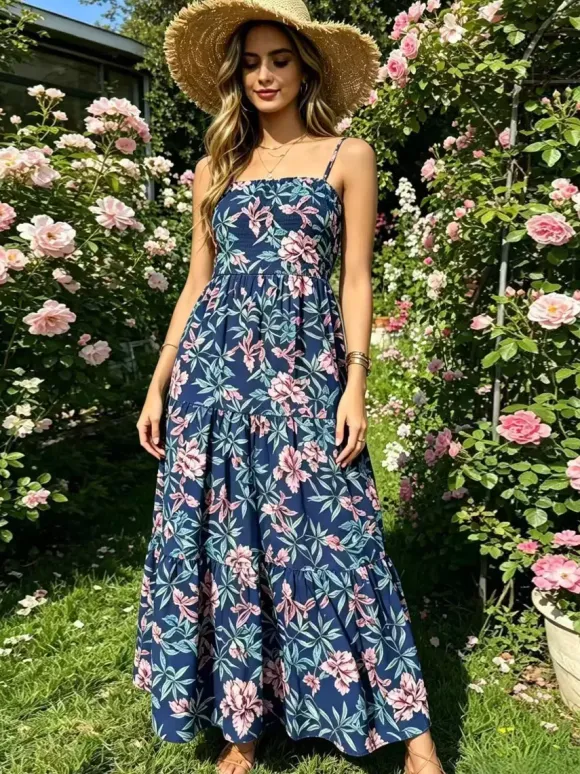 Robe de vacances maxi dos nu plissée sans manches bretelles col chic bleu ciel