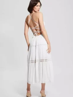 Robe de vacances maxi dos nu en dentelle sans manches col halter blanche décontractée