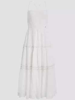 Robe de vacances maxi dos nu en dentelle sans manches col halter blanche décontractée