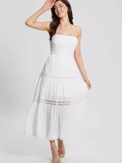 Robe de vacances maxi dos nu en dentelle sans manches col halter blanche décontractée