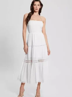 Robe de vacances maxi dos nu en dentelle sans manches col halter blanche décontractée