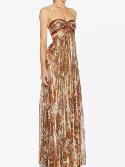 Robe de vacances maxi fluide à imprimé cachemire dos nu et bustier taille découpée style jacquard.
