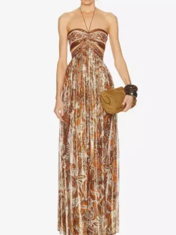 Robe de vacances maxi fluide à imprimé cachemire dos nu et bustier taille découpée style jacquard.